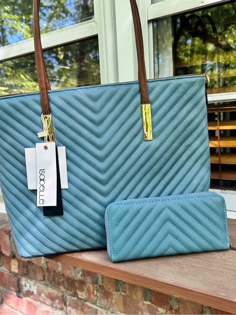 Isabelle Blue Quilted Chevron tote w/ Matching Wallet& crossbody— NWT